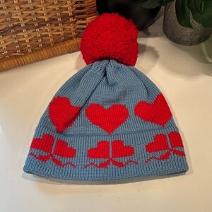 Vintage Vermont Originals Kids Wool Pom Beanie in Blue with Red Hearts